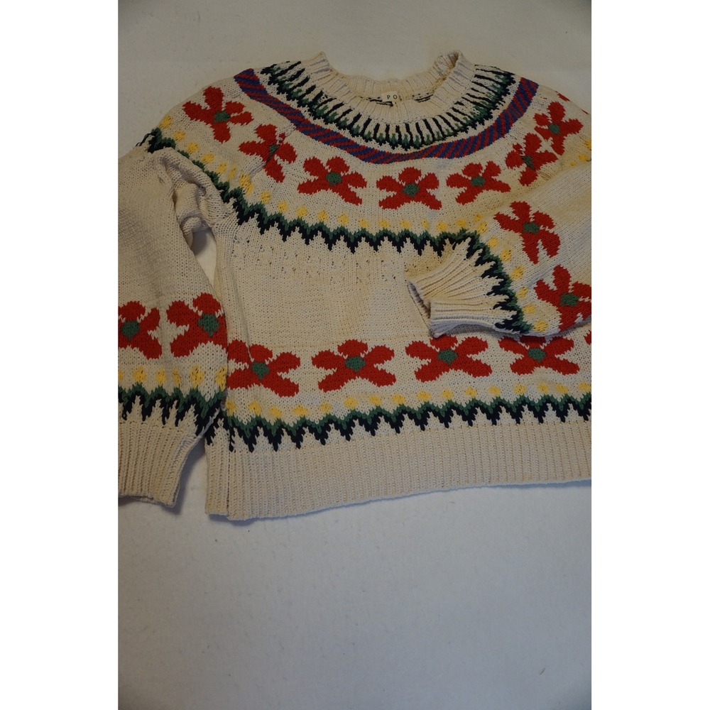 POL Clothing Womens Floral Fair Isle Chunky Knit Sweater Cream Red Boho Medium